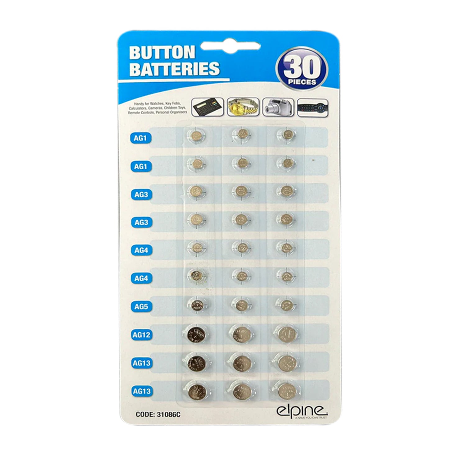 Button Cell Batteries Alkaline Assorted AG - Pack of 30