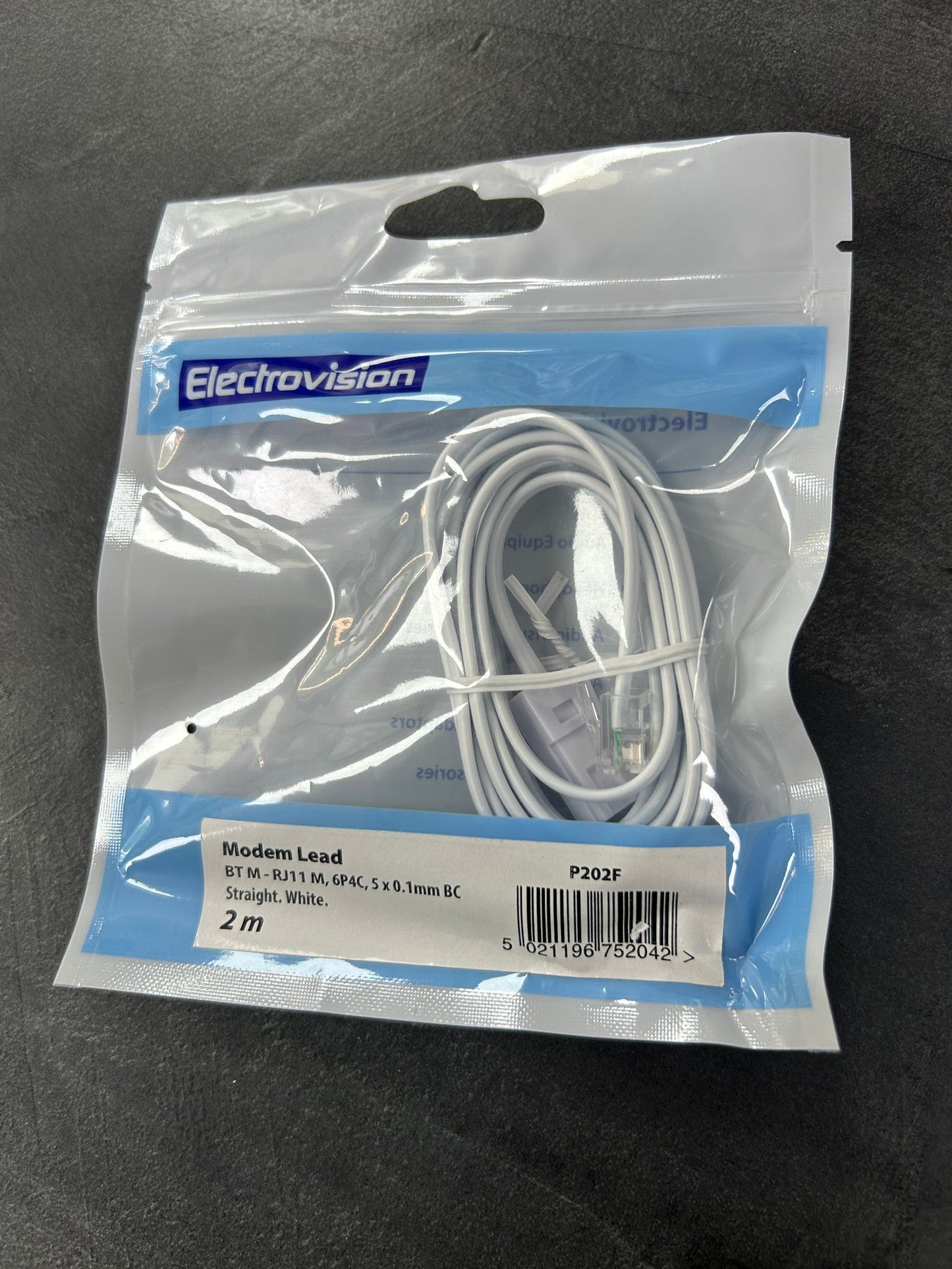 Modem Lead BT M - RJ11m, 6P4C, 5 X 0.1mm BC Straight White 2 Meters
