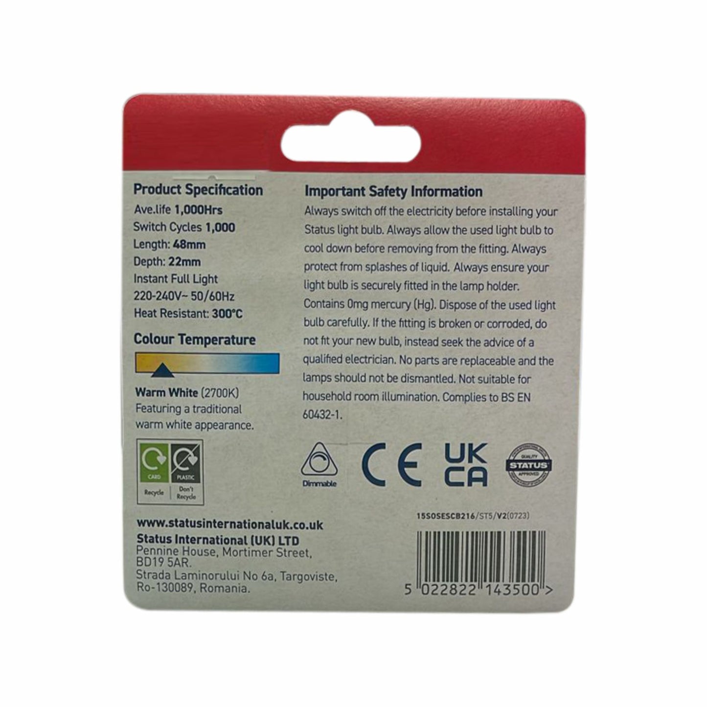 LED Oven Light Bulb SES E14 15 Watt Dimable Warm White