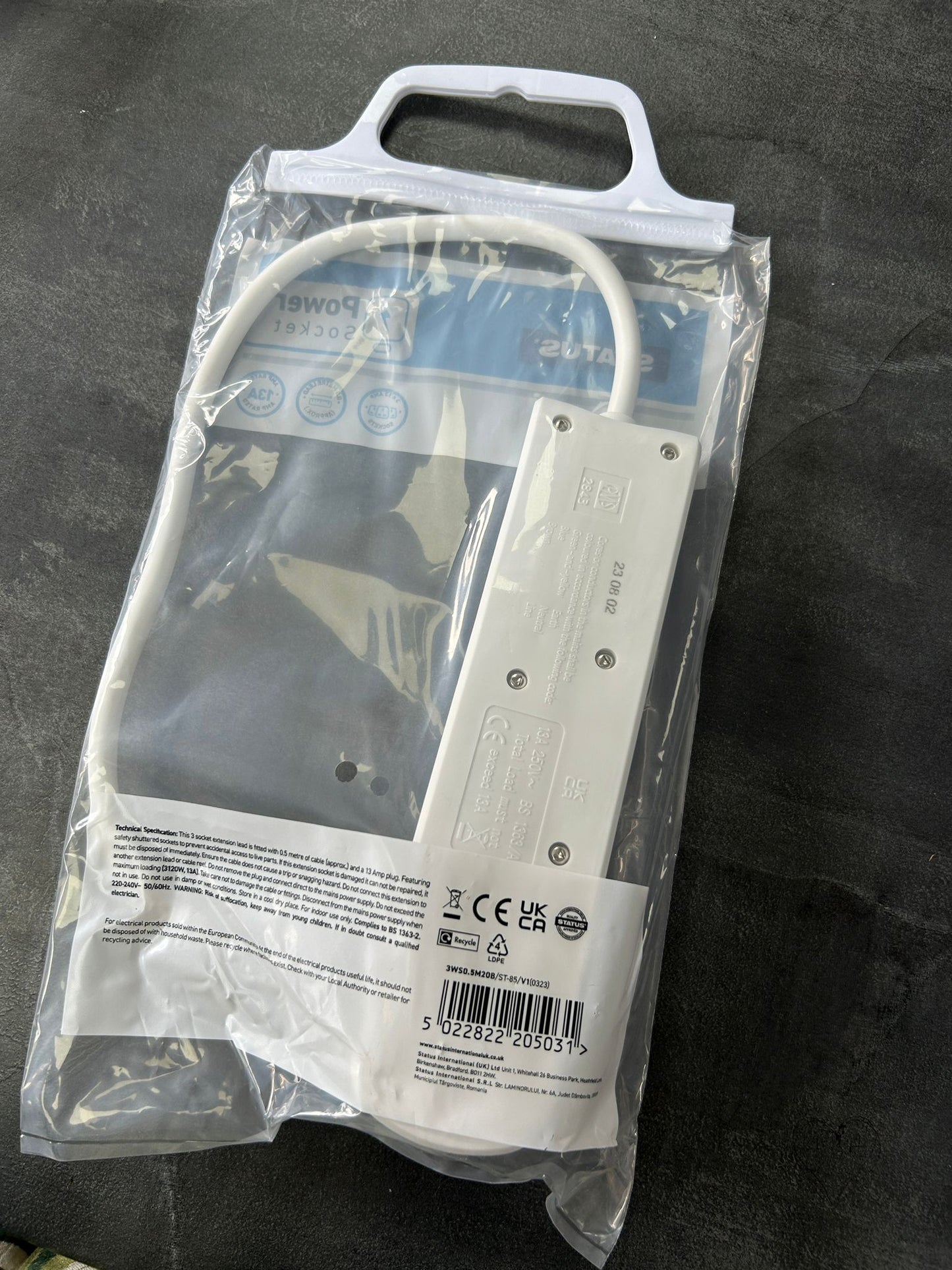 Power Socket Extension With 3x13Amp Sockets 0.5M Lead