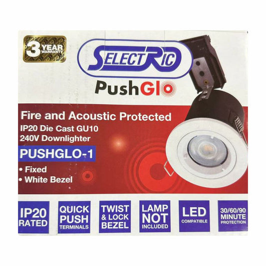 Fire And Acoustic Protected IP20 Die Cast GU10 240V Downlighter Pushglo-1 Fixed White Bezel