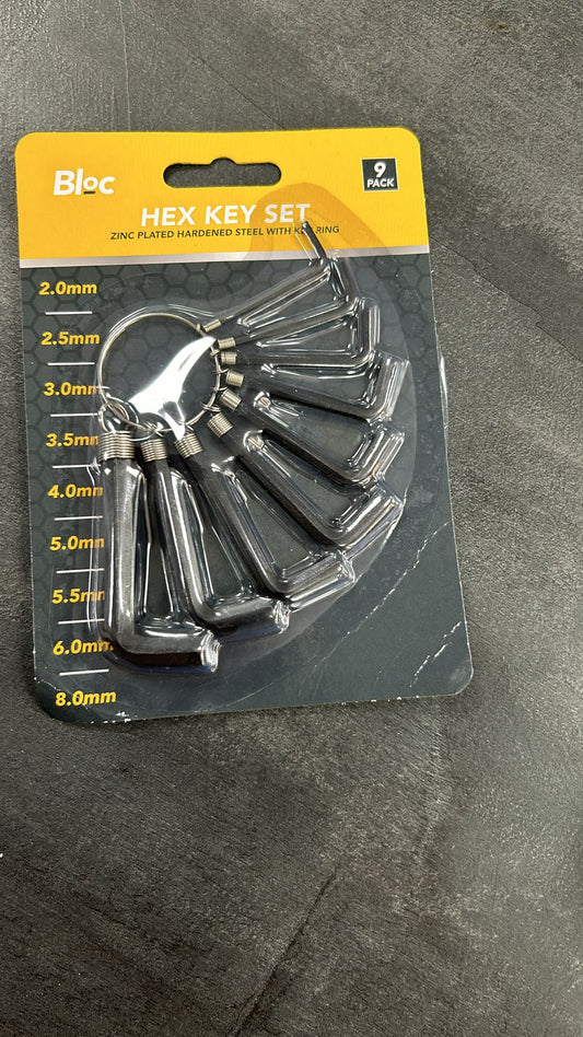 Hex Key Set Zinc Plated Hardened Steel With Key Ring 9 Pack