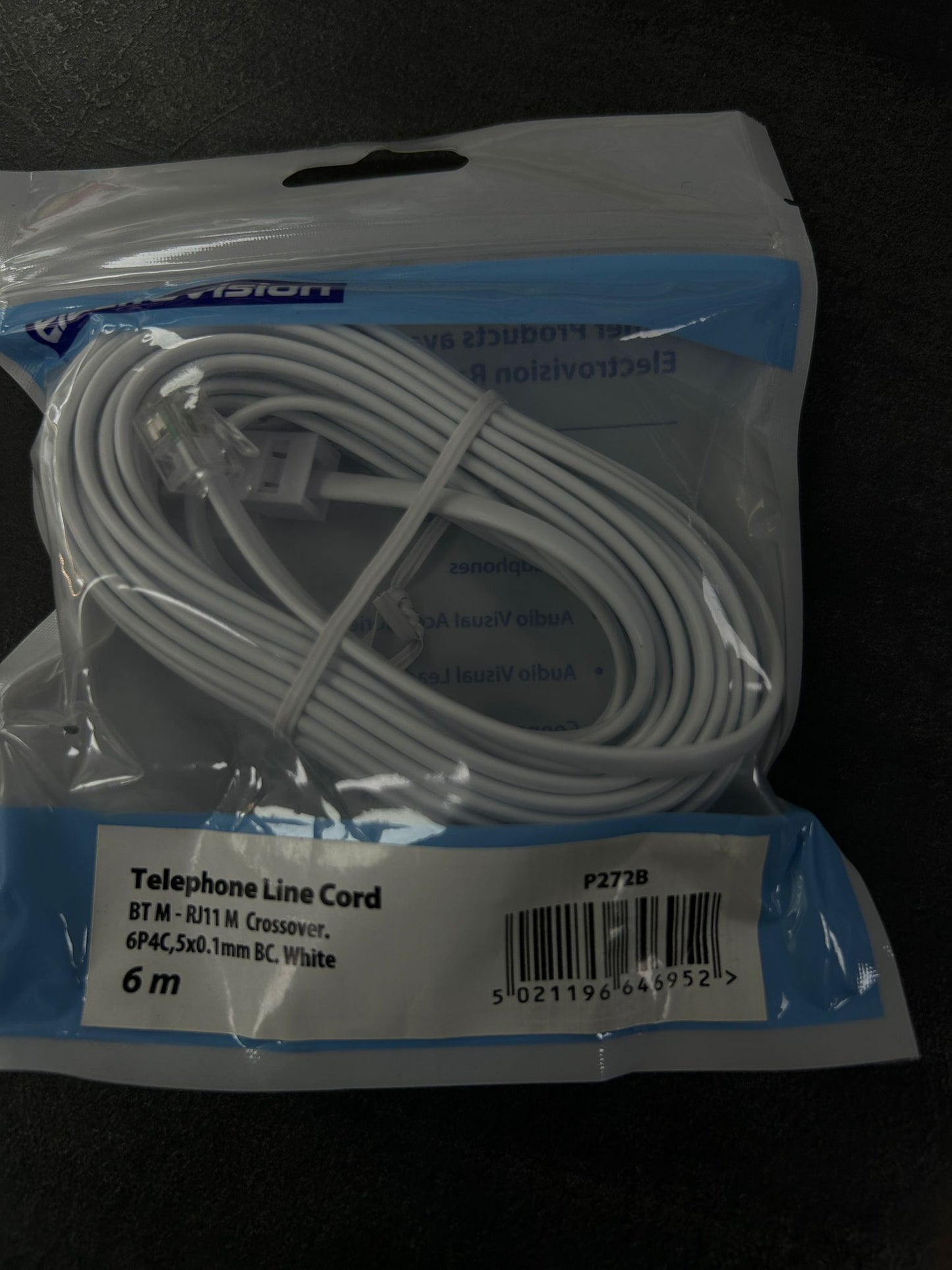 Telephone Line Cord BT M - RJ11 M Crossover 6P4C,5X0.1mm BC White 6 Meter